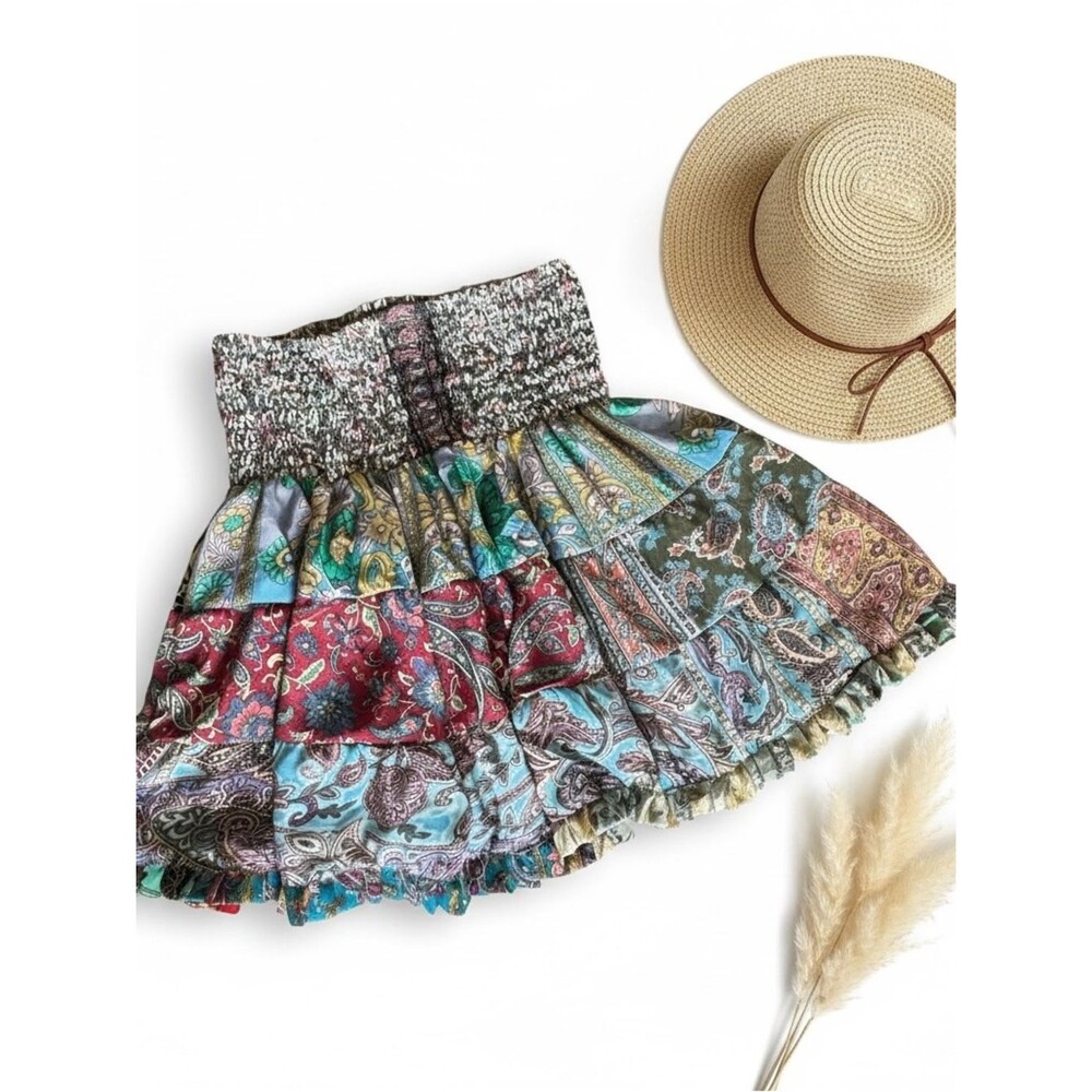 Karma Highway Boho Patchwork Mini Skirt One Size Paisley Tiered Festival 90s Y2K